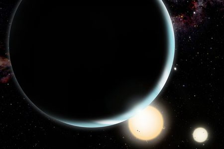 An artist's rendering of Kepler-34b, an exoplanet believed to orbit two stars.