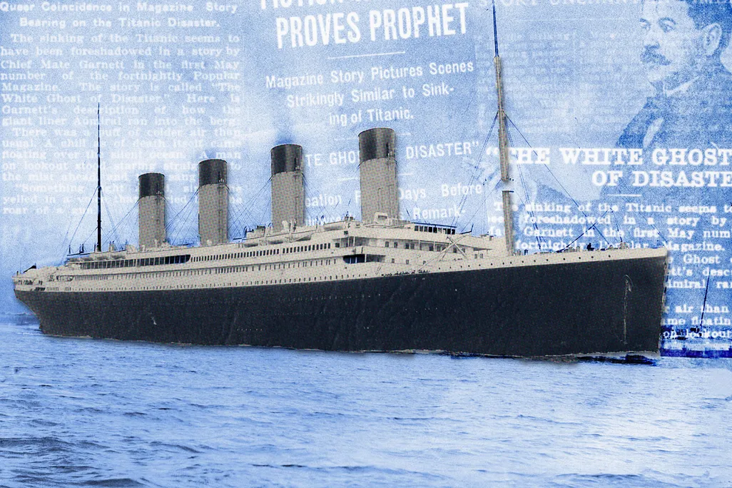 Illustration of the "Titanic," overlaid with headlines about "The White Ghost of Disaster" and a portrait of Thornton Jenkin Hains