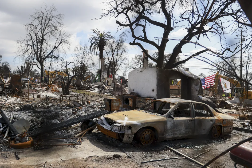 charred trees and very few remains of buildings with a charred car in the foreground