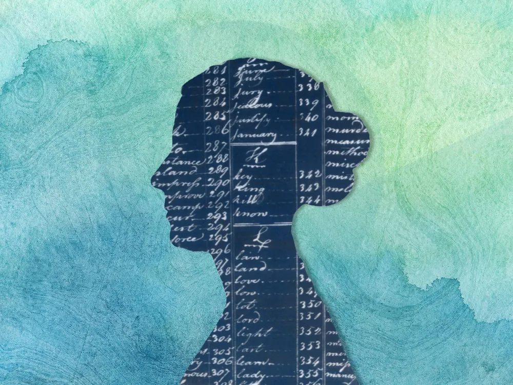 Silhouette of a woman, with handwritten Culper Spy Ring code overlaid on her silhouette, against a watercolor background