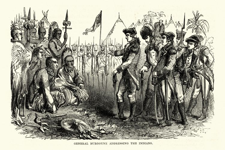 An illustration of British General John Burgoyne addressing a group of his Native allies