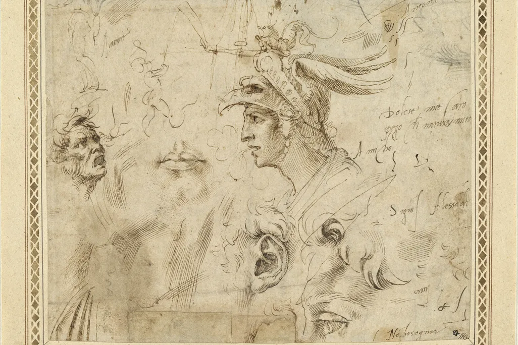 Studies of Male Heads, Helmets for Soldiers and Facial Features