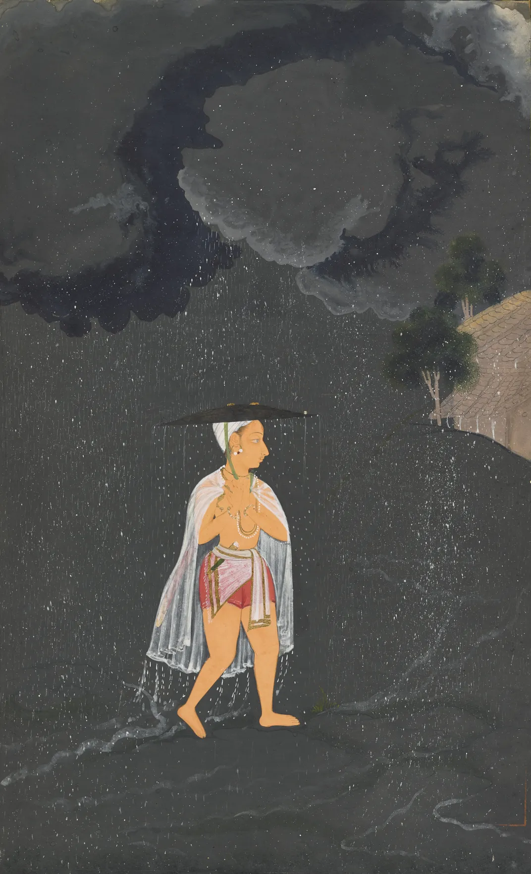 Prince Amar Singh II walking in the rain, attributed to the Stipple Master, c. 1690