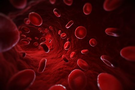 Computer illustration of red blood cells in a blood vessel.