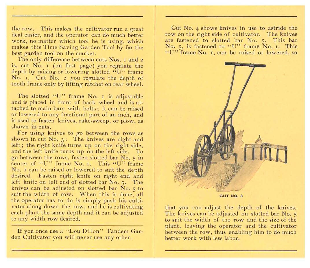 Early 20th century trade literature. Left page includes illustration of garden cultivator.