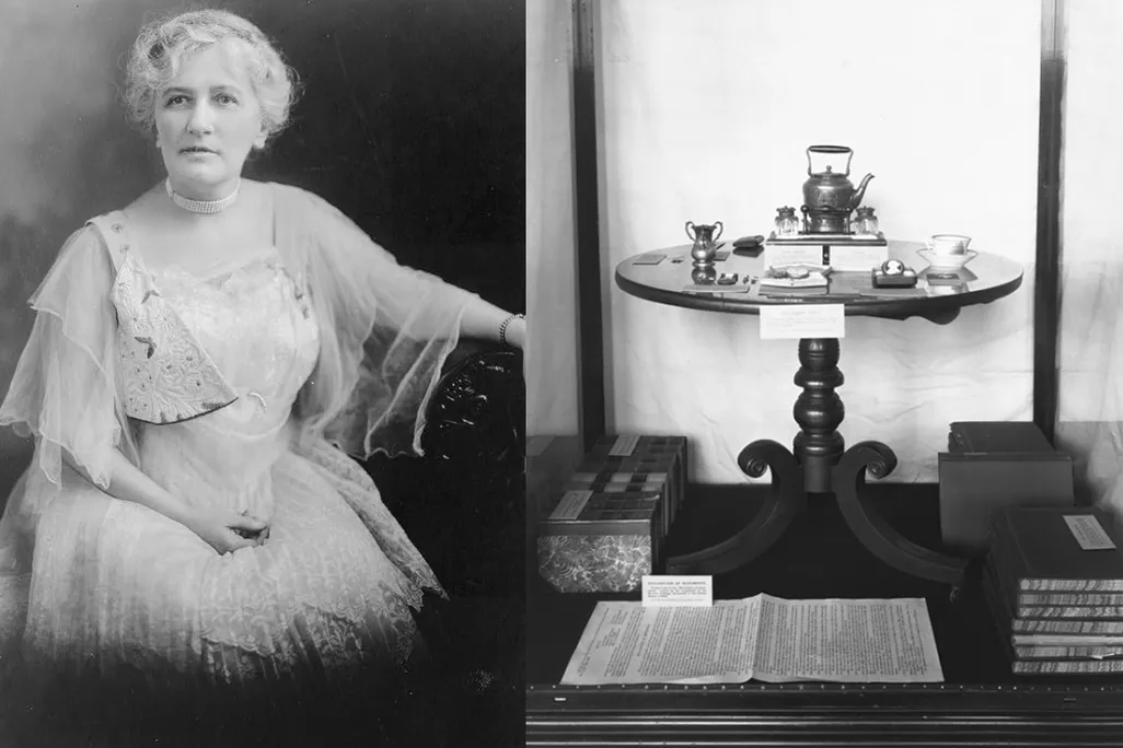 left, an photograph of Helen Hamilton Gardener. Right, the suffrage exhibition at the Smithsonian, with a circular table, books, and a document. Both photos are black-and-white