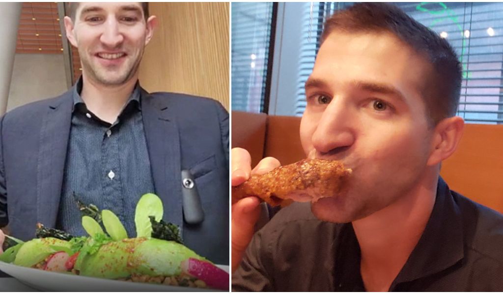 Split image of man eating in restaurants