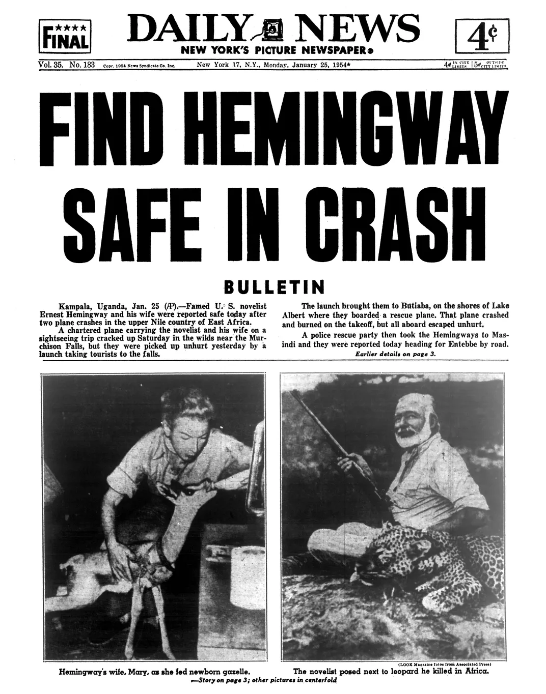 Front page of newspaper reading "Find Hemingway Safe in Crash"