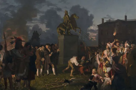 Johannes Adam Simon Oertel&#39;s 1852&ndash;53 depiction of the George III&#39;s statue toppling features several ahistorical elements, including the presence of Alexander Hamilton and a fictionalized Native American family.