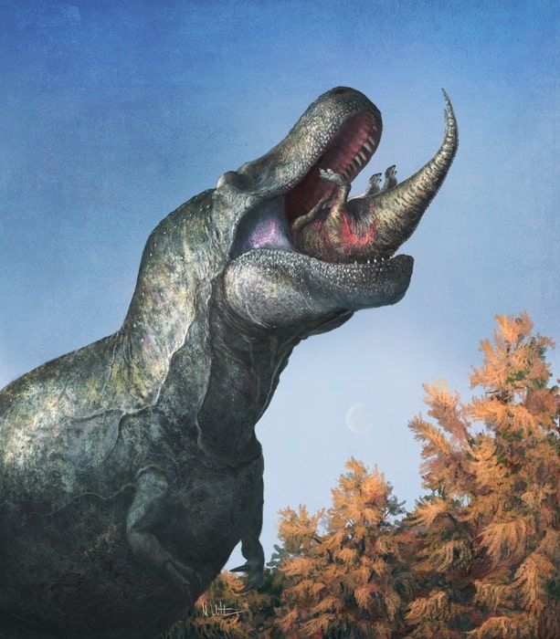 A T. rex with lips consumes a smaller dinosaur