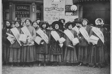 Portrait of women shirtwaist strikers holding copies of "The Call," a socialist newspaper, in 1910