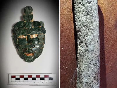 A 1,700-year-old mosaic jade mask and a carved femur bone found inside an ancient Maya tomb at Chochkitam, Guatemala