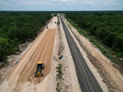 Aerial view of construction work on the Maya Train on August 31, 2023
