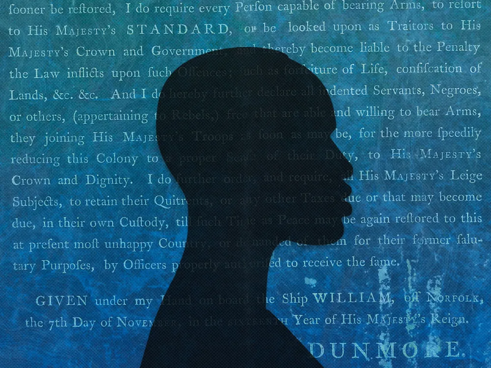 Black man's silhouette in front of Lord Dunmore's Proclamation