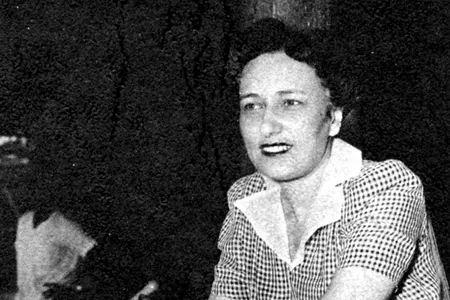 Effa Manley, co-owner of the Negro Leagues' Newark Eagles, poses in the dugout of Ruppert Stadium in Newark, New Jersey, in 1948.