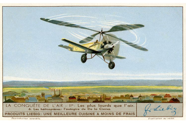 Romanticized illustration of Juan de la Cierva's autogyro