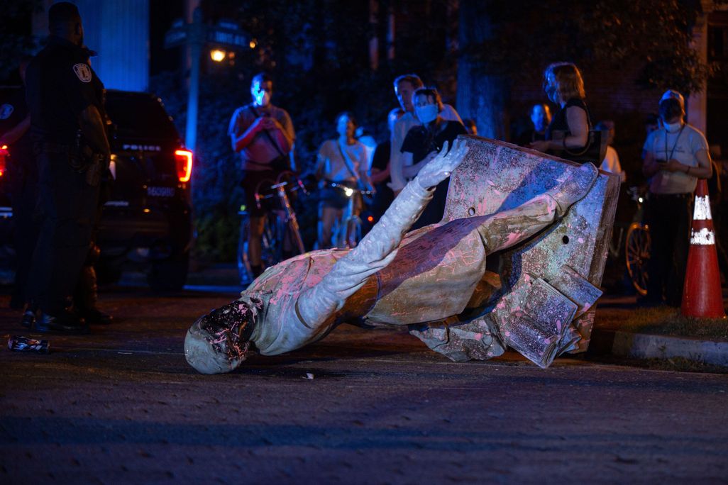 Toppled Jefferson Davis statue