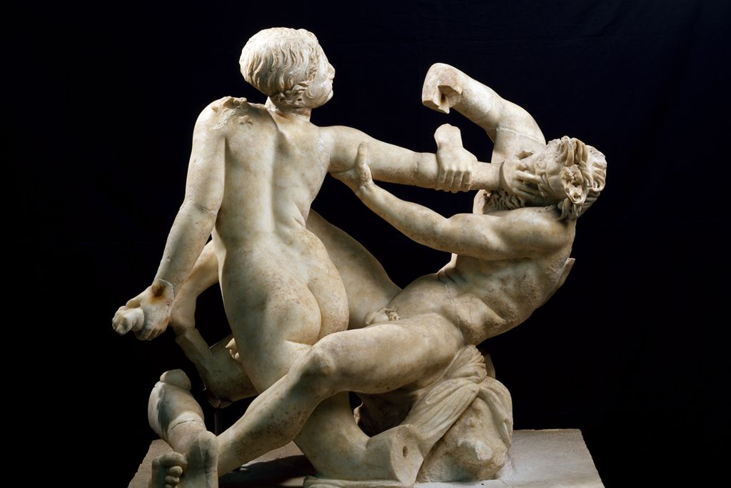 Statue of a satyr attacking an intersex person