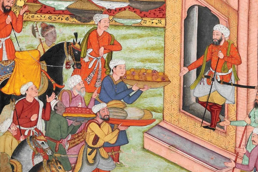 a colorful painting of a feast