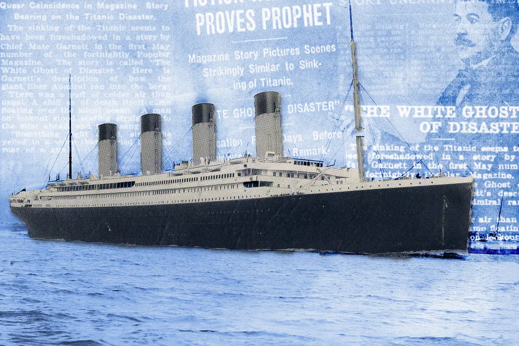 Illustration of the "Titanic," overlaid with headlines about "The White Ghost of Disaster" and a portrait of Thornton Jenkin Hains