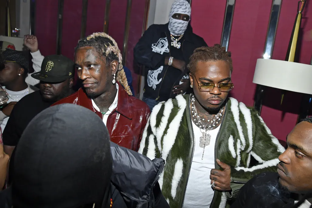 Hip-hop artists Young Thug and Gunna attend a release party for Young Thug's new album "PUNK" at Delilah on October 12, 2021.
