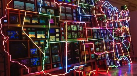 Nam June Paik’s “Electronic Superhighway” (he coined the phrase). See a curated selection of short films by the video artists on Wednesday at the American Art Museum.