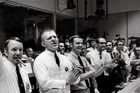 Gene Kranz (in vest, as Apollo 13 safely splashed down) had faith that "as a group, we were smart enough ... to get out of any problem.