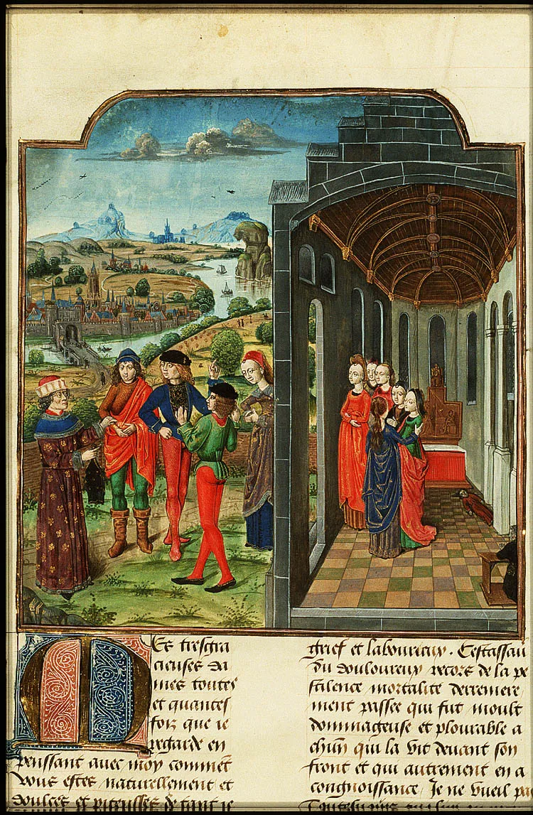 A 1485 illustration of Boccaccio and Florentines who have fled from the Black Death