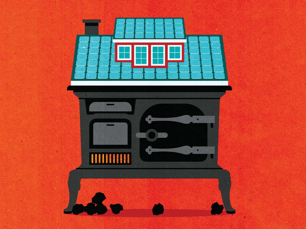 an illustration of a coal stove made to look like a house with solar panels on the roof