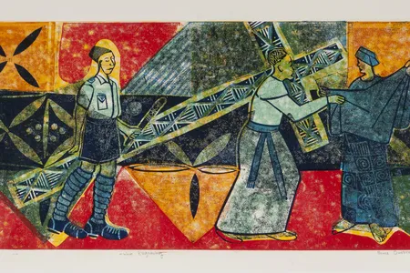 Station VI: Veronica wipes the face of Jesus, Bruce Onobrakpeya, linoleum block print on rice paper, 1969