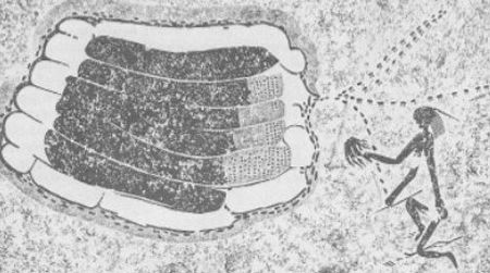 This ancient rock painting from Zimbabwe depicts a person smoking out a beehive.