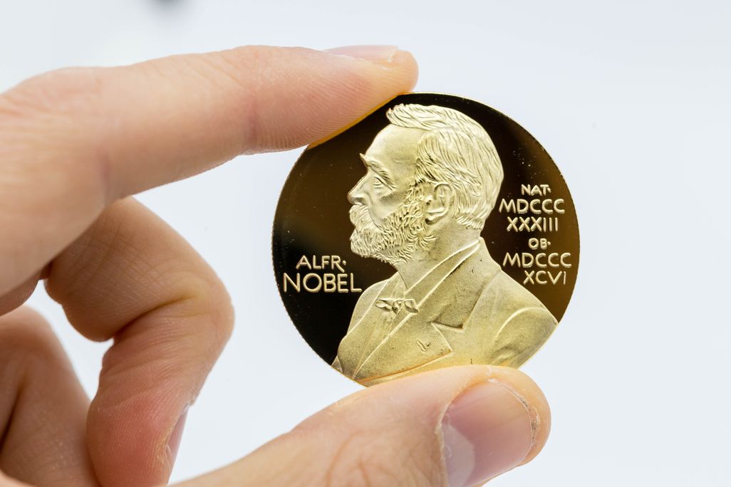 The gold medal that recipients are awarded, featuring the profile of alfred nobel.