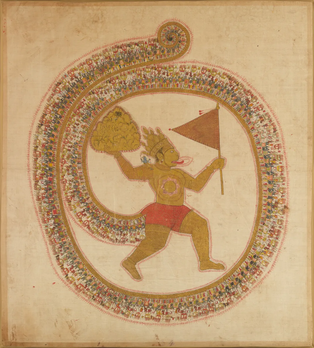 A devotional image of Hanuman carrying a mountaintop with medicinal herbs to Rama and his brother