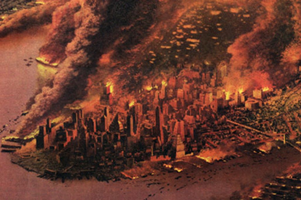 1950 depiction of a smoldering New York after a nuclear attack