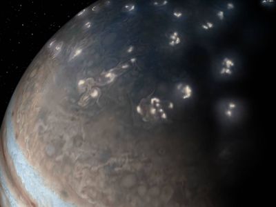 An illustration of lightning on Jupiter's northern hemisphere, using an image from the JunoCam.