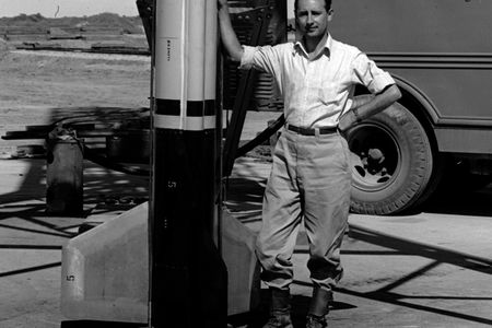 Frank Malina standing next to a WAC Corporal missile in 1945