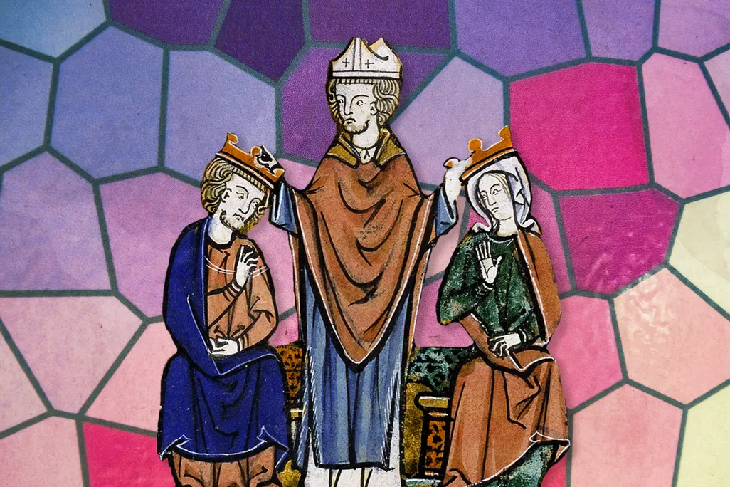 Illustration of the coronation of Melisende and Fulk against a stained glass background