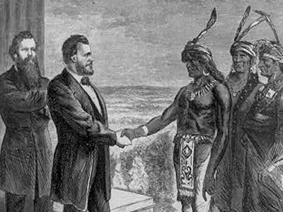 On an 1870 cover of Harper's Weekly, President Ulysses S. Grant is shown greeting the Oglala Chief Red Cloud who came to visit him in Washington, D.C.