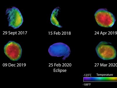 Six images of the Martian moon Phobos captured by NASA's Odyssey spacecraft. Three new images were released this month, giving scientists a fuller picture of Phobos' surface as it waxes and wanes. 