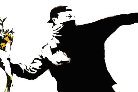 Banksy melds street-fighting passion and pacifist ardor in his image of a protester whose Molotov cocktail morphs into a bouquet.