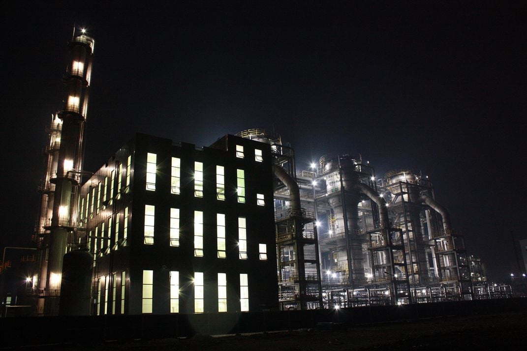 LanzaTech's bioreactors at night