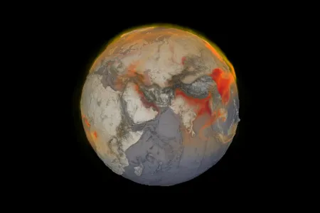 A visual representation of global methane from January 26, 2018. Red areas indicate higher concentrations of methane swirling in the atmosphere. 