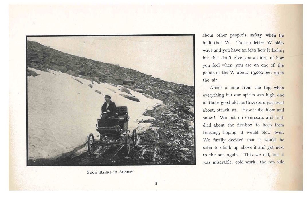 Trade catalog with photo of man in locomobile next to snow-covered hill.