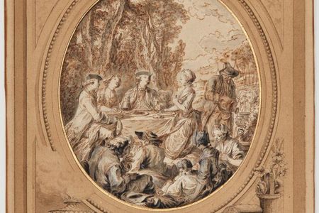 Charles-Dominique-Joseph Eisen, Preparatory sketch with a drawn frame for an illustration of the "Comedy Les Moissonneurs," 1768 