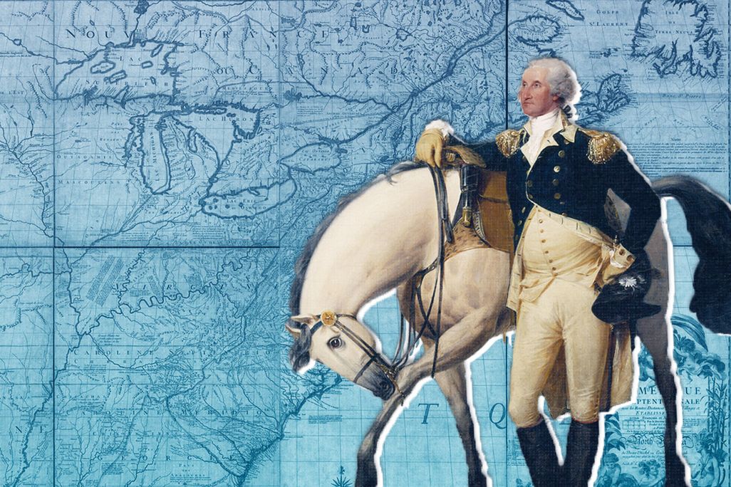 George Washington standing next to a horse in front of a map