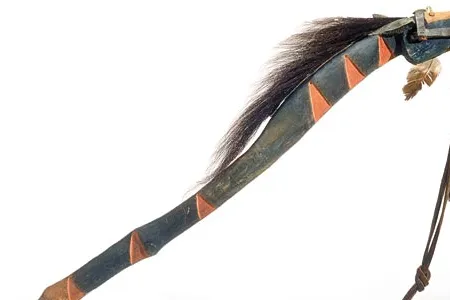 This dance stick (c. 1890) was created by the warrior No Two Horns to honor his horse being killed at Little Big Horn.