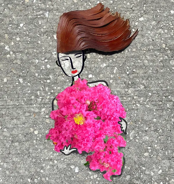 Sidewalk photoart: Illustrated woman with Palm bark hair holding flower branch. thumbnail