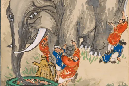 Tomioka Tessai was beloved for the personality and humor he infused in his work, with exaggerated expressions on his figures, and traditional scenes such as that of his 1921 Blind Men Appraising an Elephant (above: detail, 1921).