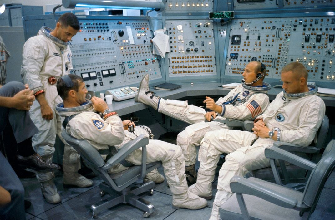 The Gemini 11 prime and backup crew: William Anders, Richard Gordon Jr., Charles Conrad Jr., and Neil Armstrong (L-R).