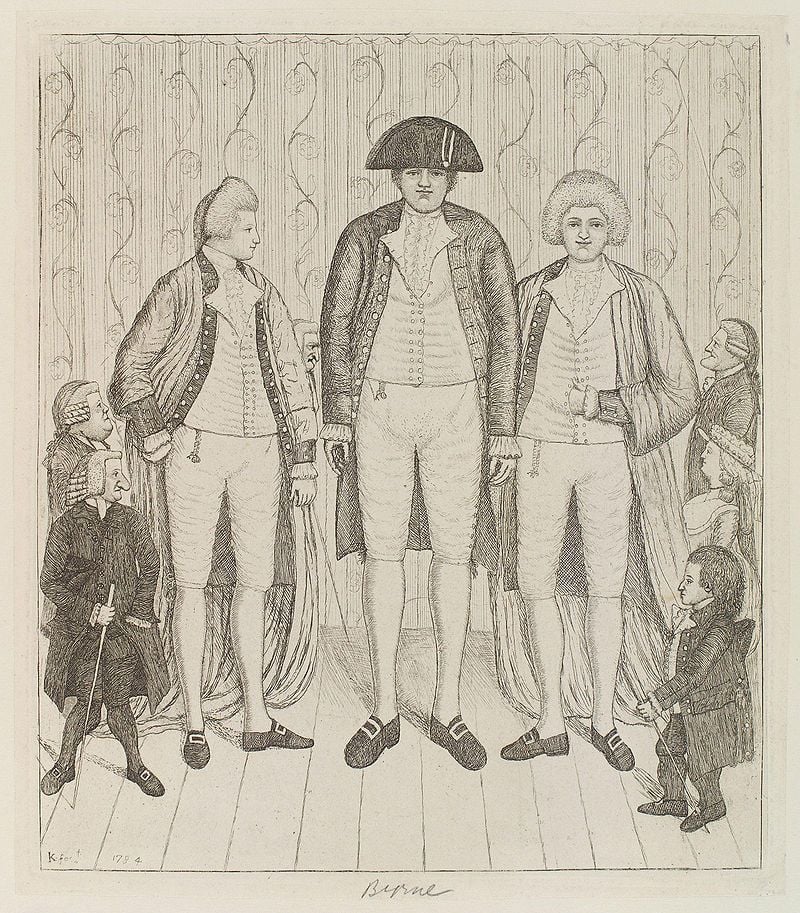 A drawing of Byrne (center) with a pair of "Irish giant" twins and other figures